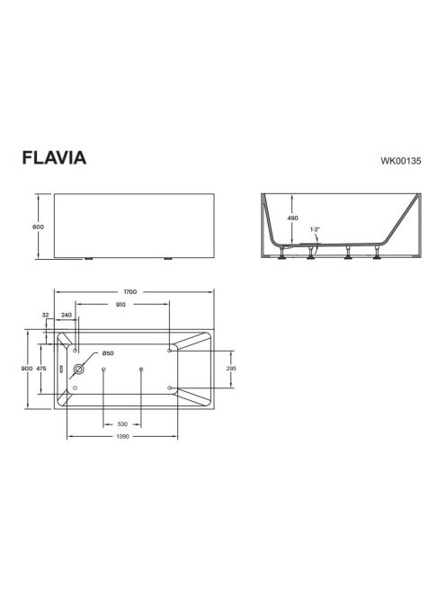 Flavia 170x80 egyedi akrilkád méretrajz