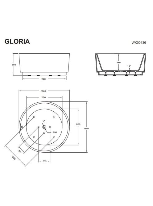 Gloria 138x138 cm egyedi akrilkád méretrajz