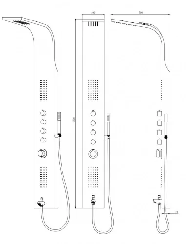Mariner Silver hidromasszázs zuhanypanel méretrajz