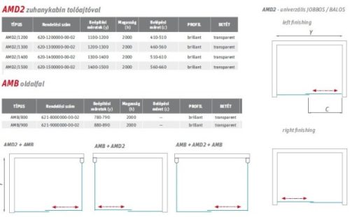 AMD2 150+AMB 90 szögletes, tolóajtós zuhanykabin méretek